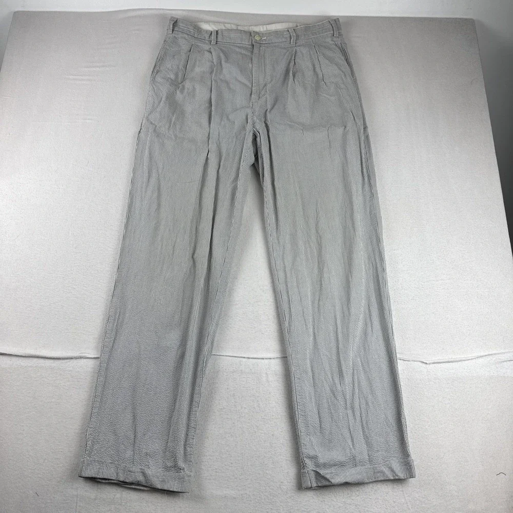 Brooks Brothers Mens Seersucker Blue White Pants 34*31 Cuffed Pleated coastal